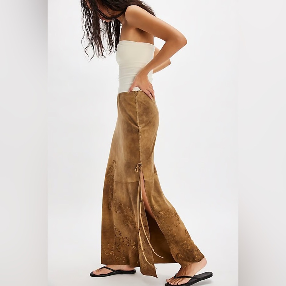 Free People Nigel Preston Hand-Painted Lambskin Suede Maxi Skirt